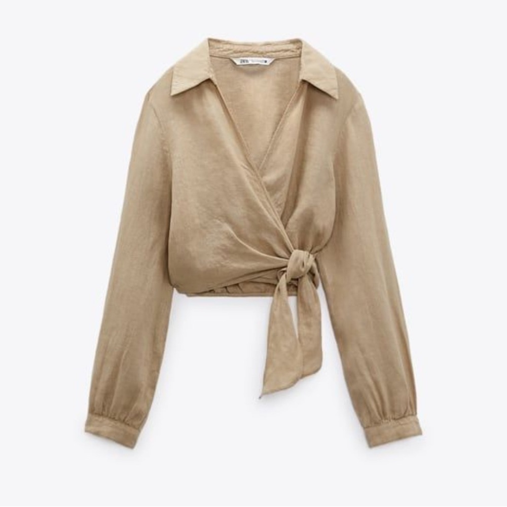 Zara 100% Linen Longsleeve Tan Cropped Wrap Top Women’s Size S